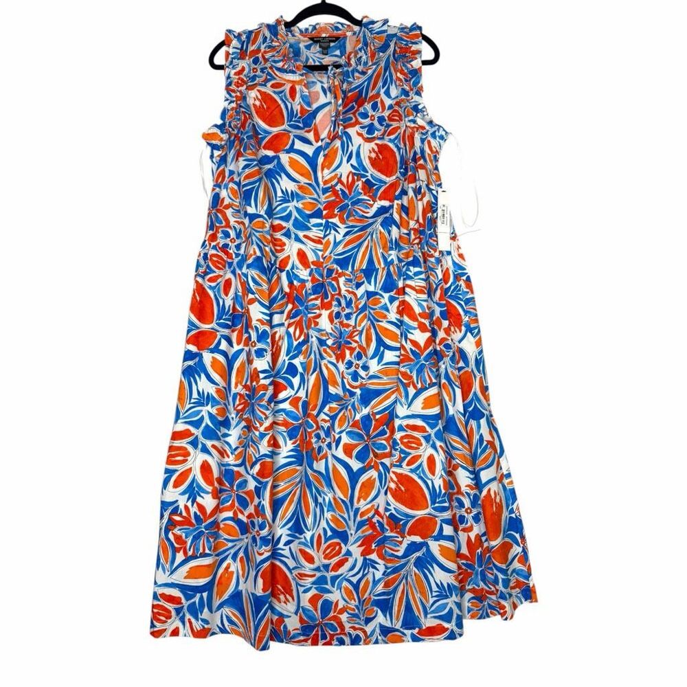 NEW Maggy London Woman 14W Orange Blue Floral Ruffle Cotton‎ Dress Pockets